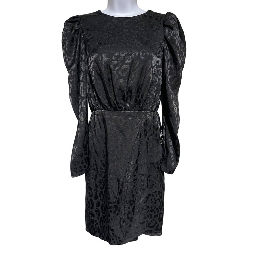 Black Leopard Puff Sleeve Belted Mini Dress By Express Womens XS 3/4 Sleeve